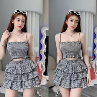 Set Bộ Đồ Nữ Áo Hai Dây Croptop Dập Ly Nhún  Kẻ Caro Phối Chân Váy Xòe Tầng Hot Teen Các Nàng