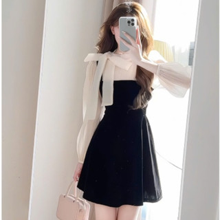 Váy Nữ Nhung Phối Voan Tơ Tay Bồng Thắt Nơ Cổ Dáng Xoè Phong Cách Tiểu Thư Hàn Quốc