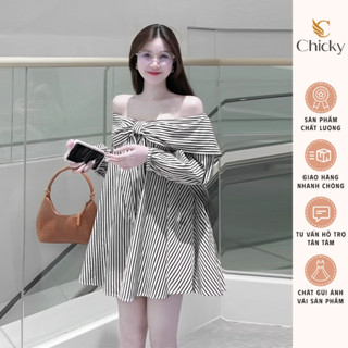Áo Đầm Váy Bẹt Vai Kẻ Đen Dáng Xòe Phối Nơ Tay Dài Bồng Style Tiểu Thư Thanh Lịch Siêu Hot Hit Đi Biển, Hẹn Hò SP000979