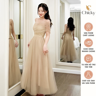 Đầm Dress Công Chúa Dự Tiệc Cúp Ngực Phối Tơ Lưới Choàng Chéo Vai Maxi Dáng Xòe Tiểu Thư Sang Chảnh