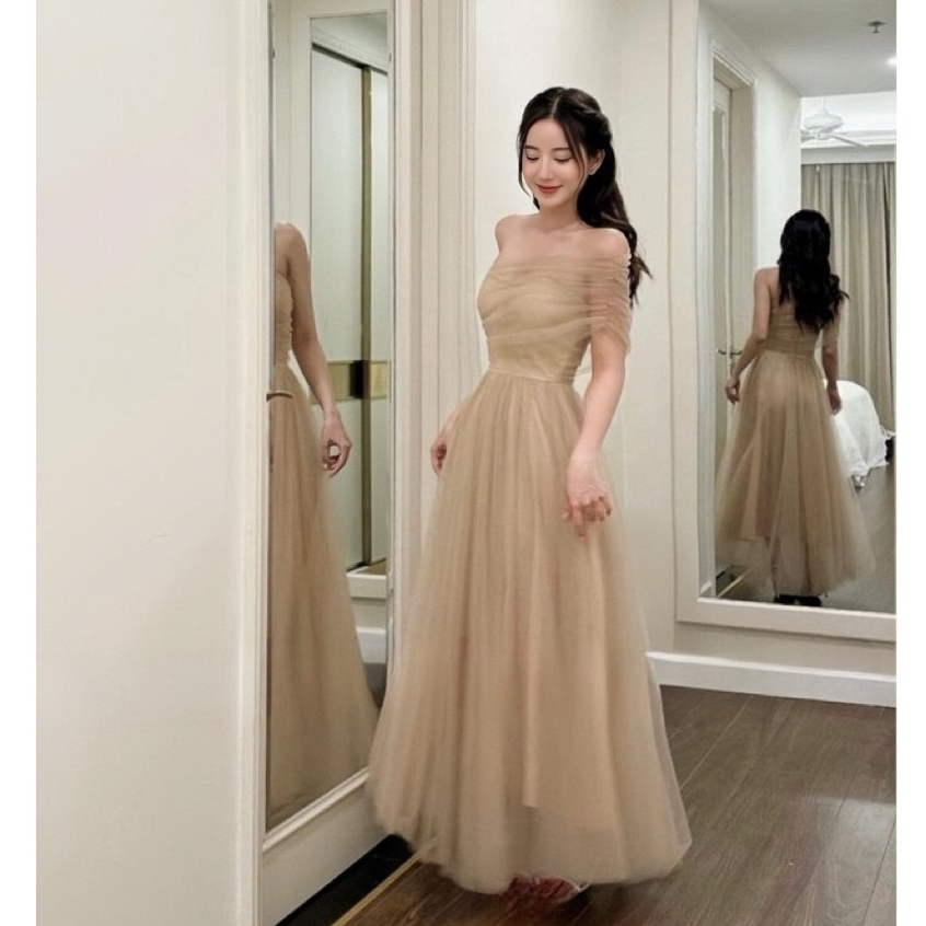 Đầm Dress Công Chúa Dự Tiệc Cúp Ngực Phối Tơ Lưới Choàng Chéo Vai Maxi Dáng Xòe Tiểu Thư Sang Chảnh | BigBuy360 - bigbuy360.vn