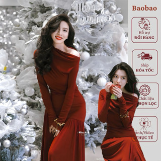Đầm đỏ dự tiệc lệch vai, đầm thun nhún trễ vai sang chảnh, váy đỏ nhún eo tiểu thư_B369
