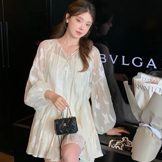 BY YOU Set váy nữ suông hoa nhí dáng ngắn xoè rộng dài tay màu kem sang chảnh tiểu thư dành cho mùa hè