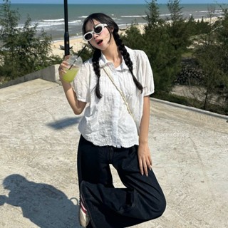 (CHẤT MỎNG MÙA HÈ) Áo sơ mi chất thô boil mỏng cổ bèo tay bồng thêu nơ nhỏ dễ thương HAVANA AO400