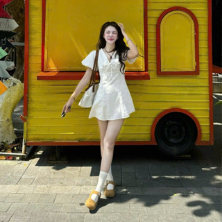 (KÈM QUẦN BẢO HỘ) Váy ren ôm dáng ngắn tay bồng thắt nơ CLARA DRESS