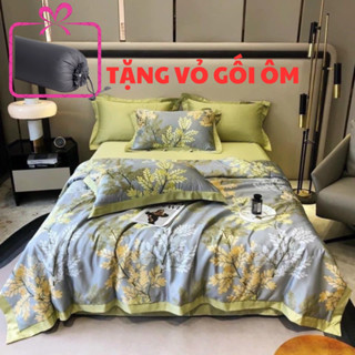 Bộ chăn ga gối lụa thái 5 món,chăn trần bông nhập khẩu( tặng kèm vỏ gối ôm ngẫu nhiên)