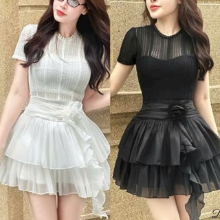 [quà cột tóc] đầm ngắn xòe hai màu đầm trắng đen vải ren phối tơ hai lớp có lót quần trong kèm bông TA10