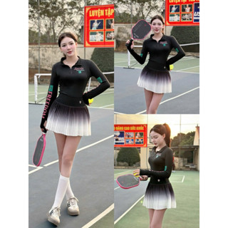 [PICKLEBALL] Bộ thể thao nữ, bộ áo dài tay mix chân váy chuyên tập pickleball, golf, cầu lông, tennis