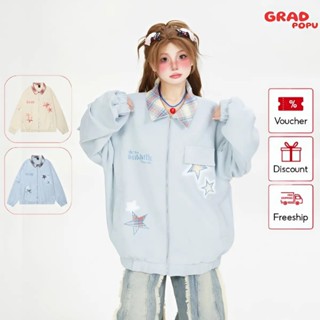 Áo khoác bomber nữ GRADPOPU PAK65 cổ bẻ chất da lộn thêu hình ngôi sao độc đáo phong cách Retro