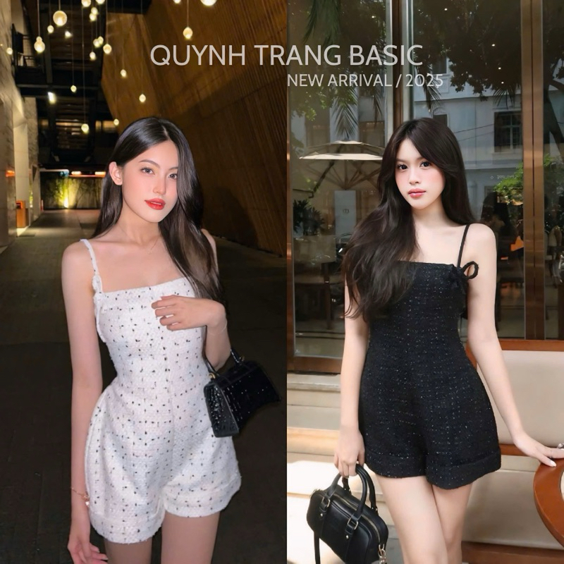 Bộ đùi 2 dây Jumpsuit Dạ Tweed Trắng Cao cấp dáng ngắn Tiểu thư sang Chảnh - QuynhTrangBasic