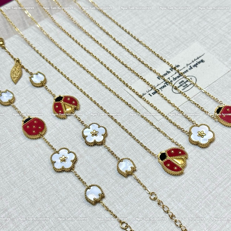 Set vòng cổ titan không han gỉ bọ cánh siêu hot, vòng tay bốn lá cao cấp