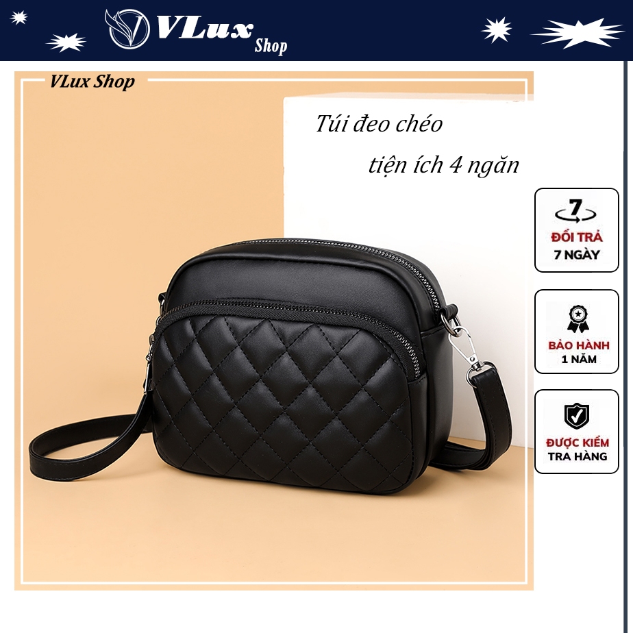 Túi xách đeo chéo nữ, túi đựng điện thoại VLUX hoạt tiết karo trám 4 ngăn tiện ích #VL46