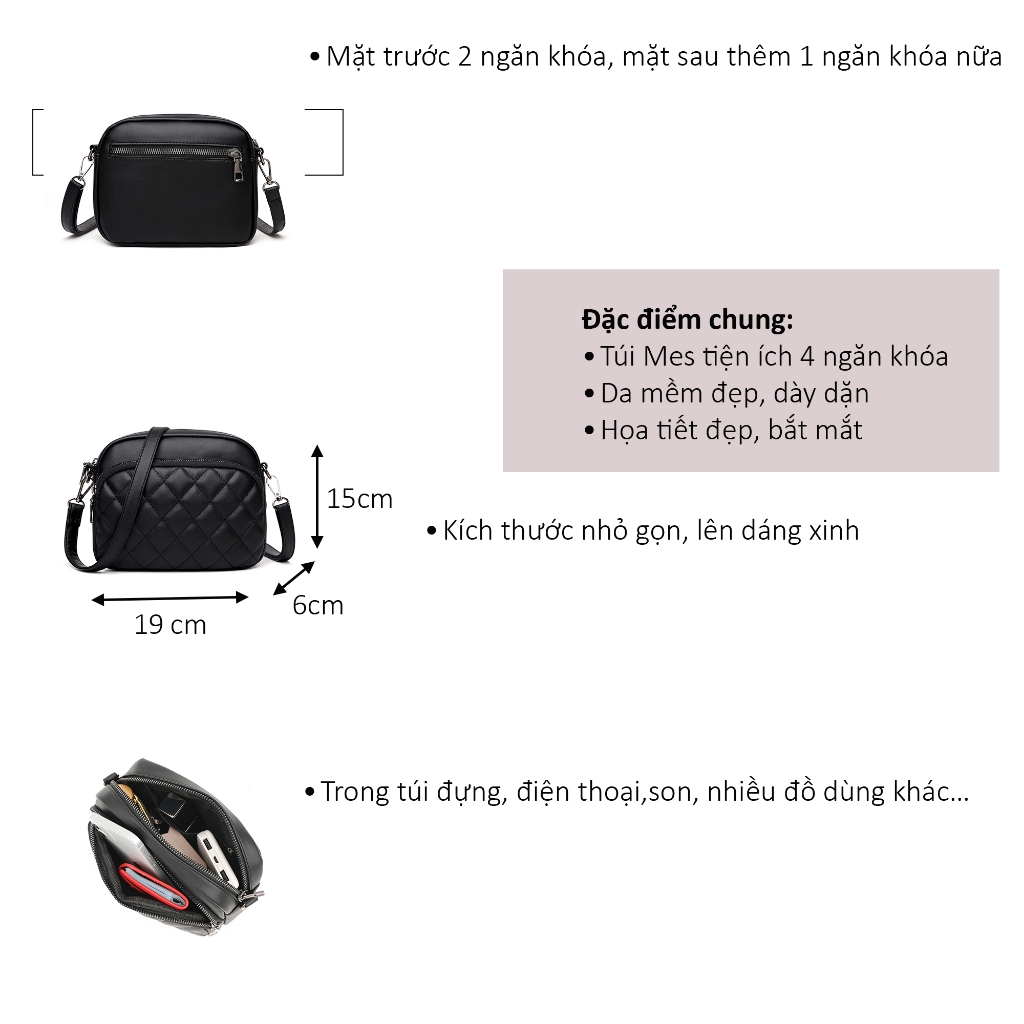 Túi xách đeo chéo nữ, túi đựng điện thoại VLUX hoạt tiết karo trám 4 ngăn tiện ích #VL46