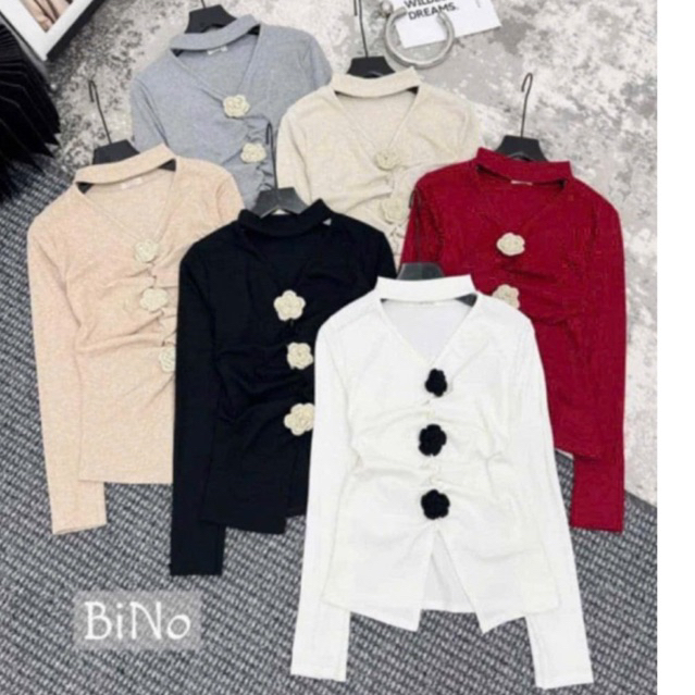 Áo kiểu hoa trà 4 bông SHORTSHOP Áo Len Dài Tay Đính Hoa, Áo Len tăm  Mịn Cổ V Nhún Ôm Body