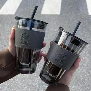 [Miễn Phí Khắc Tên] Cốc thủy tinh CHOUCHOU 450ml có nắp bao da và ống hút theo màu