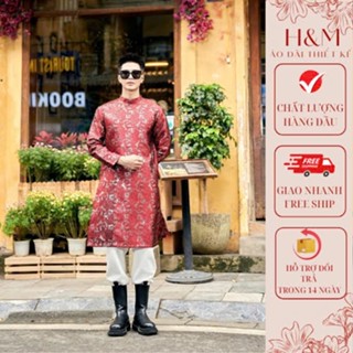 Áo dài nam cách tân mặc tết đẹp 2025 , Áo dài nam thiết kế xẻ tà mới lạ chất liệu gấm vân hoa nổi bật cao cấp