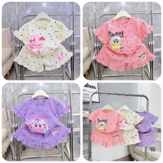 Combo 3 bộ cộc tay chấm bi in hình Baby Three bé gái cotton size 10-53kg