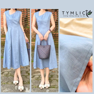 Đầm Xòe Midi Kiểu Dáng Cổ Lệch Chất Liệu Linen Tưng Premium Cao Cấp Màu Xanh Trời D414