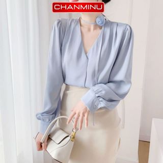 Áo sơ mi nữ công sở xếp ly vai bồng phong cách hàn quốc, sơ mi lụa  nữ cổ V kiểu dáng rộng thanh lịch– CHANMINU A01