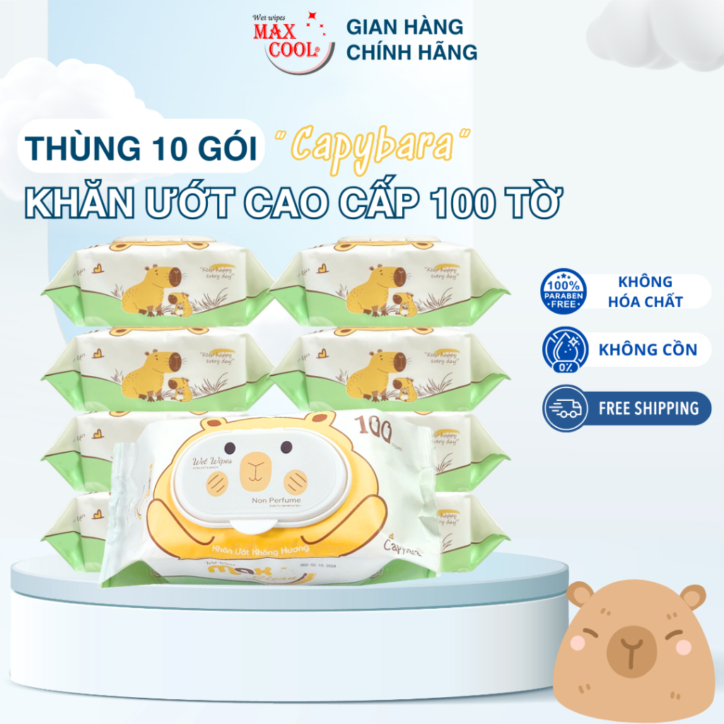 Thùng 10 gói khăn ướt  cao cấp 100 tờ Max Clean hình Capybaraa siêu đáng yêu - Không hương