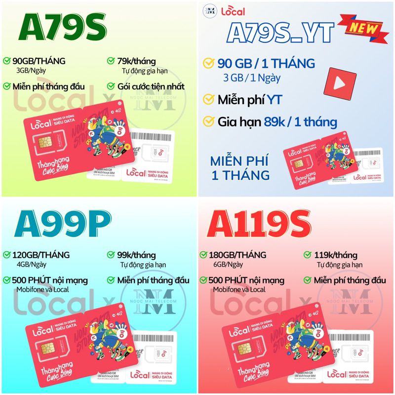 Sim Local Mobi A69 - A79 - A89 - A99 - A119 - Miễn phí tháng đầu - Data tốc độ cao