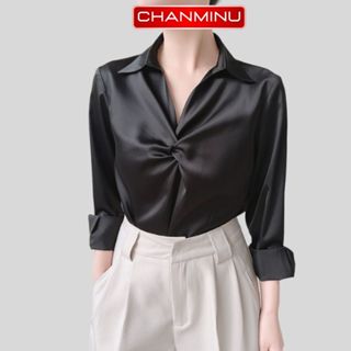 Sơ mi trắng nữ dài tay kiểu xoắn trước ngực hàn quốc CHANMINU A15, áo sơ mi công sở cổ đức vải lụa cao cấp