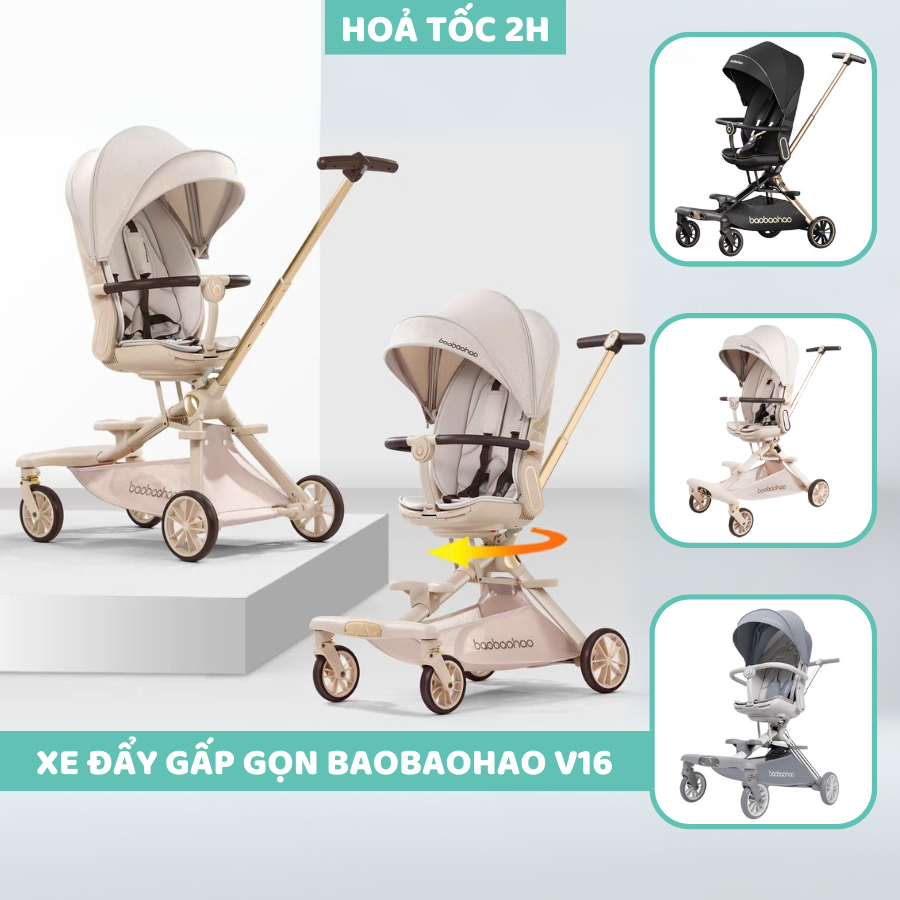 Xe đẩy 2 chiều Baobaohao V16-C cho bé từ 0 đến 5 tuổi gấp gọn tiện lợi có đai an toàn và khoá bánh xe