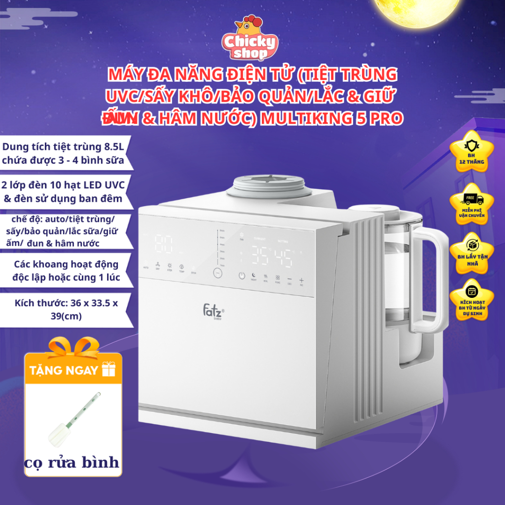  Máy đa năng điện tử  Tiệt trùng UVC sấy khô lắc giữ ấm đun hâm nước pha sữa  Multi King 5 Pro FATZ BABY FB9288BT 