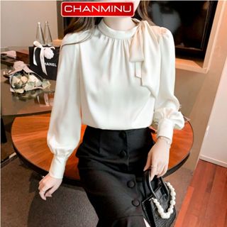  Áo sơ mi công sở nữ kiểu dài tay cổ tròn thắt nơ CHANMINU A12 sơ mi trắng nữ form rộng che khuyết điểm hoàn hảo 