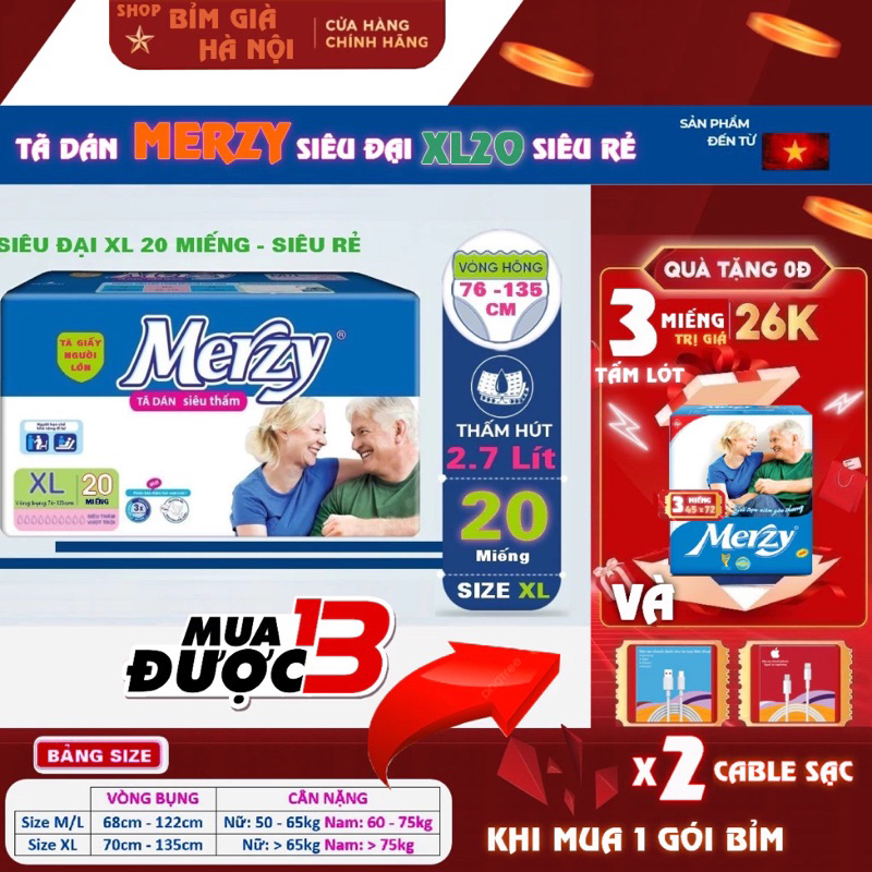 (+3 miếng) Bỉm già Merzy XL20 ML20 M20 miếng, vách chống tràn kép. #bỉm merzy #tã merzy #merzy #bỉm 
