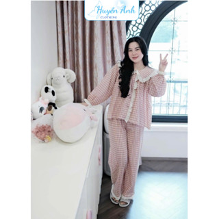 Set Bộ Đồ Ngủ Kẻ Caro Hồng Nhạt Phối Bèo Tay Dài Kèm Quần Suông Ống Rộng Freesize.