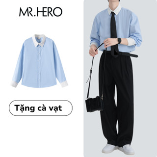 TẶNG CÀ VẠT Áo sơ mi nam phối màu dài tay cổ bẻ SM35 M.RO form dáng rộng màu xanh phong cách Hàn Quốc Mrherovn
