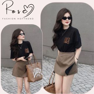 set váy nữ , áo thun nữ in họa tiết phối chân váy màu nâu tây phong cách Hàn Quốc ROSE hcom25306
