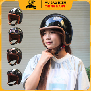 Mũ bảo hiểm 3/4 đầu NTMAX màu đen bóng viền nâu đi phượt cực xinh,nón bảo hiểm 3 4 có kính chắn gió