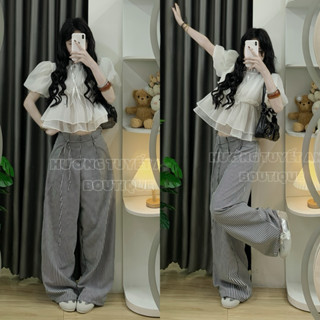 [ ẢNH THẬT BY HTA ] Set đồ nữ cá tính , Set áo babydoll tơ croptop tay bồng mix quần ống rộng kẻ cạp thấp