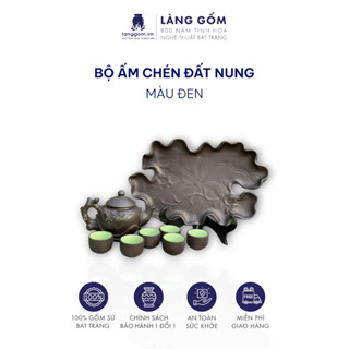 Bộ ấm chén uống trà tử sa đất nung, dáng gốc cây + khay, gốm sứ Bát Tràng cao cấp - LÀNG GỐM