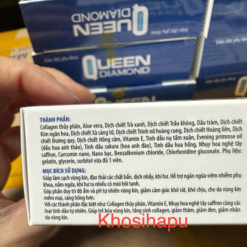 Viên đặt phụ khoa Queen Diamond trà xanh lô hội Nano bạc hỗ trợ kháng khuẩn cải thiện khô hạn tăng nội tiết tố nữ 7 viên