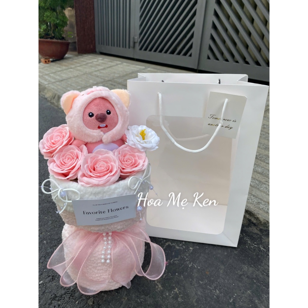 Bó hoa gấu mix hoa sáp ecuador tone hồng dễ thương