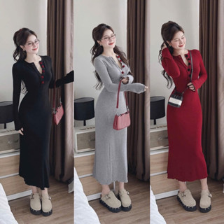  D14 Đầm body phối nút đỏ tay dài form ôm body tôn dáng 