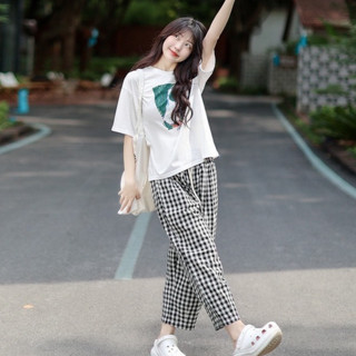 Sét đồ nữ quần dài kẻ caro dáng baggy, áo thun cotton in hình, sét đồ mặc nhà, đi chơ MENINA