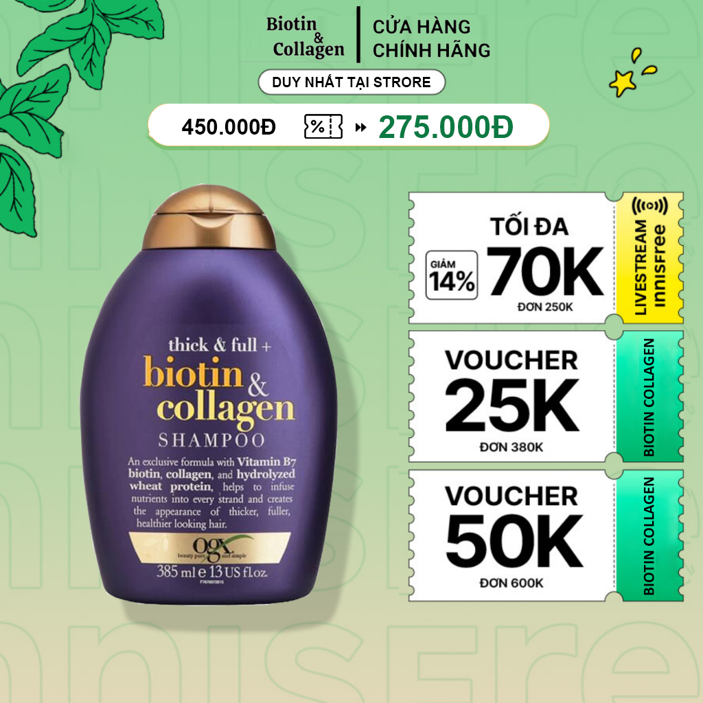 Dầu Gội OGX thick & full + biotin & collagen shampoo phục hồi, dưỡng ẩm, chống rụng kích mọc tóc 385ML