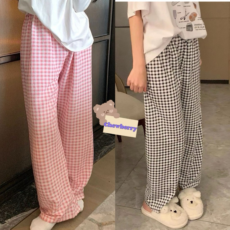 Quần ống rộng dáng dài caro màu hè mặc nhà nữ