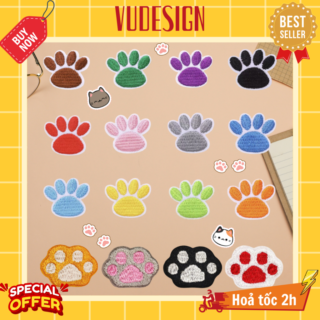 Sticker Vải, Sticker Ủi Thêu Quần Áo,  Hình Mèo Nhiều Màu Chân Cat Tinh Linh Vudesign