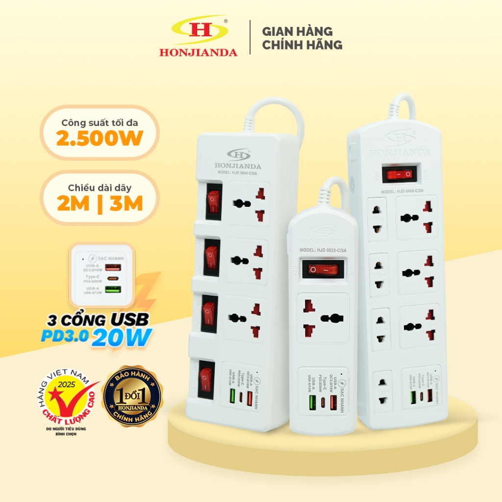 Ổ Cắm Điện Đa Năng HONJIANDA Tích hợp 3 cổng USB Sạc nhanh 30W, Chịu Tải 2500W, Dây Dài 2 mét