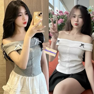 Áo Croptop Trễ Vai Đính 2 Nơ Đen Trắng Dáng Ngắn Ôm Body Nữ