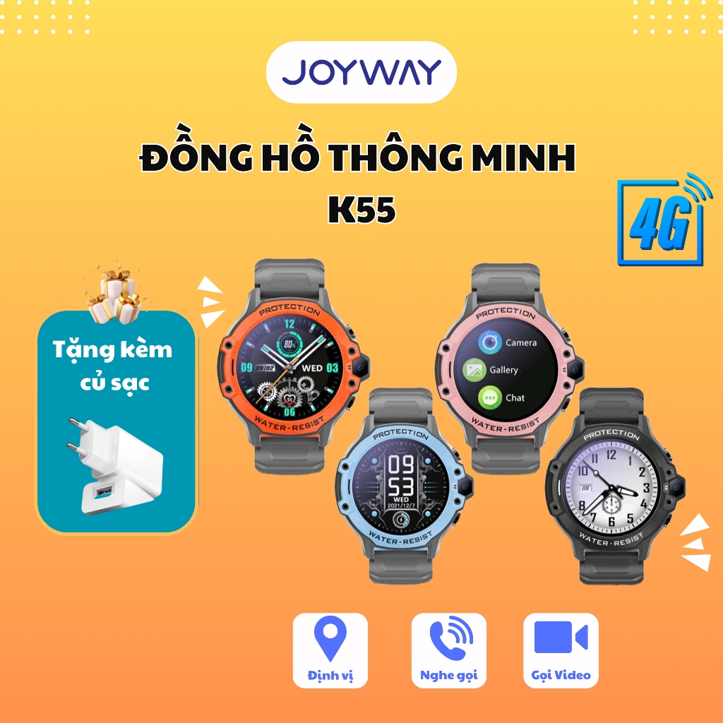 Đồng hồ thông minh cho bé JOYWAY K55, lắp sim 4G, video call, định vị, báo thức, chống nước, bảo hàn
