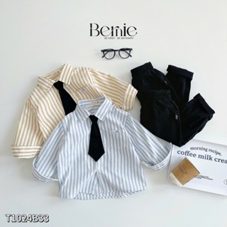 Set bộ sơ mi kẻ tay dài phối cà vạt kèm quần kaki dài cho bé trai 1 đến 7 tuổi BERNIE 0624B28