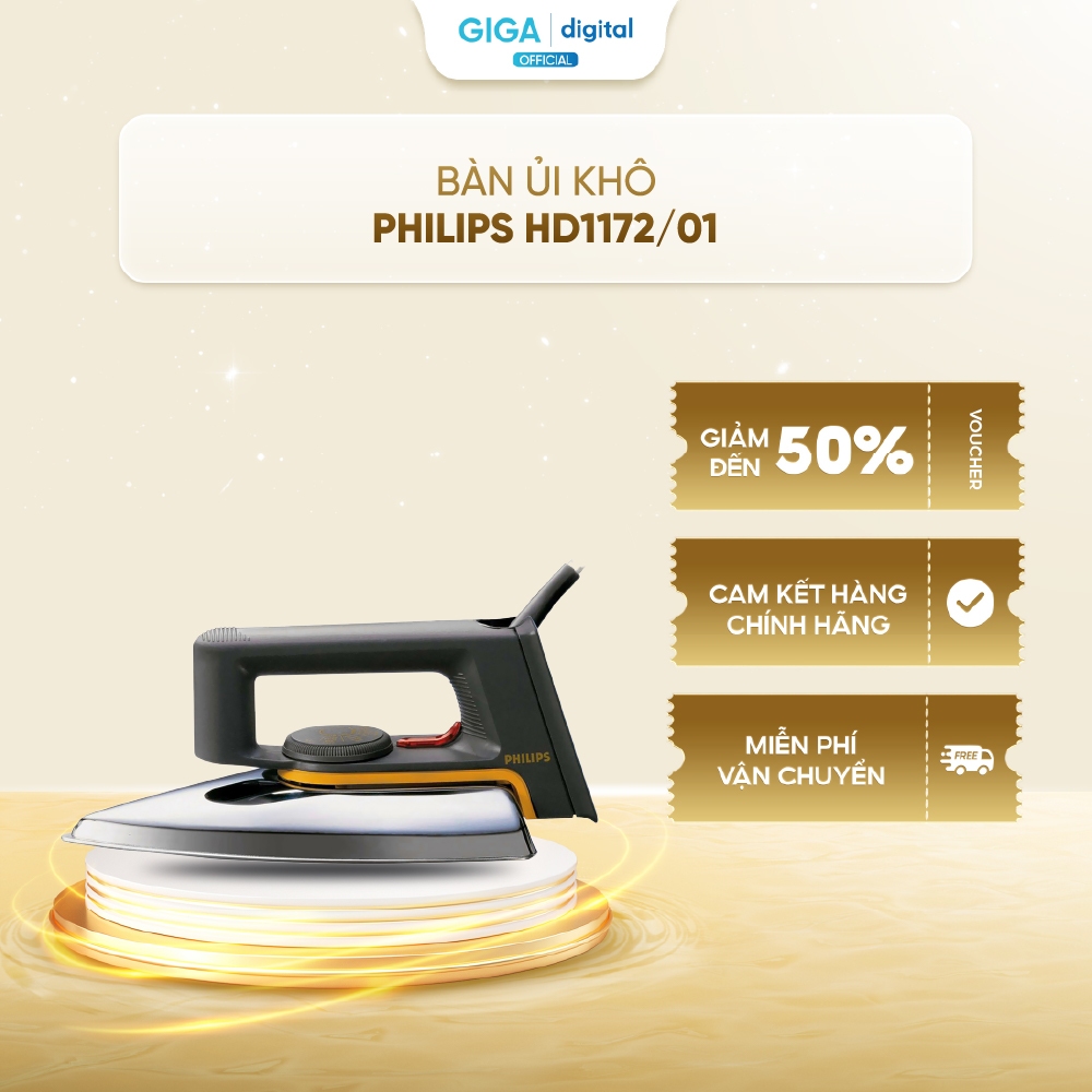 Bàn ủi khô Philips HD1172/01 - Công suất 1000W - Mặt đế nhôm - BH 2 năm - Chính Hãng
