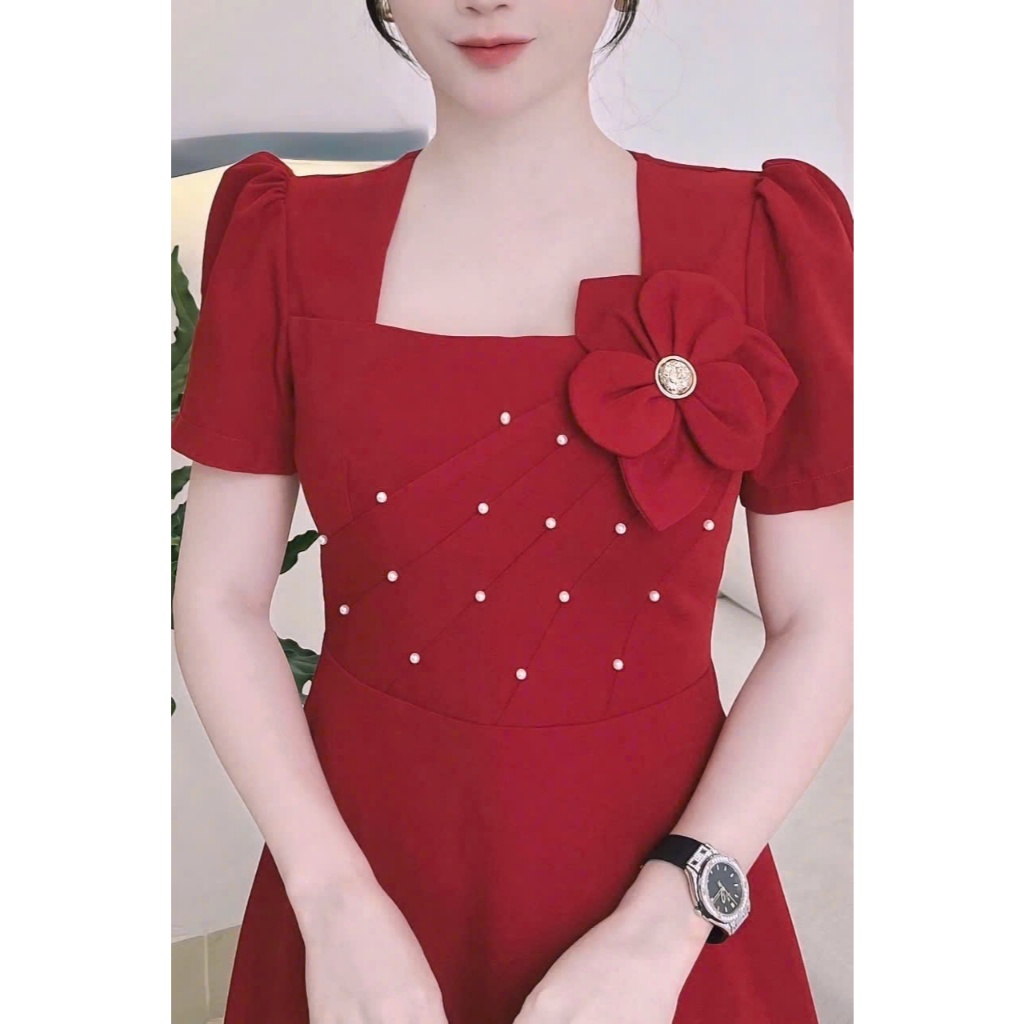 Váy công sở váy trung niên U40-50 Đầm trung niên cho mẹ cổ vuông đính nơ ngọc - JUDY 011 | BigBuy360 - bigbuy360.vn