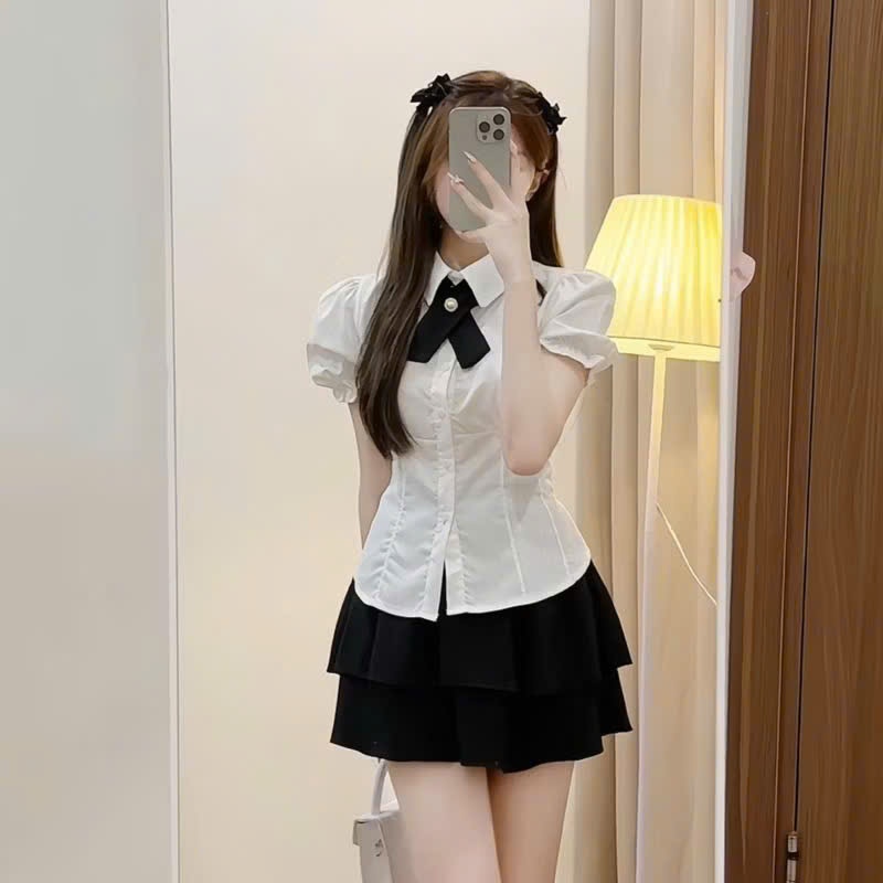 Set áo sơ mi kèm chân váy 2 tầng áo kiểu nữ tay phồng chiết eo tiểu thư A83 SUTANO | BigBuy360 - bigbuy360.vn